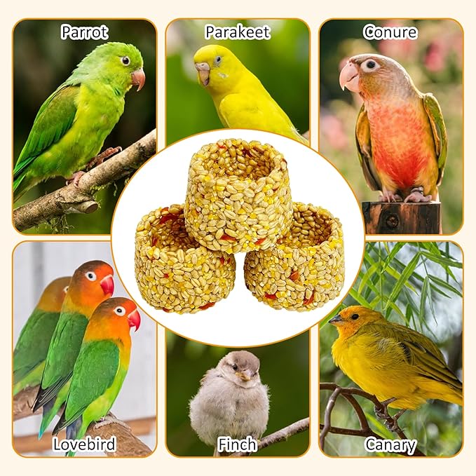 PINVNBY 3 PCS Parrot Treats Natural Oats & Corn Flakes Cockatiel Treats Bowl Shape Budgie Snacks Edible Bird Chewing Toys for Parrots Parakeet Conure Lovebird Finch Canary