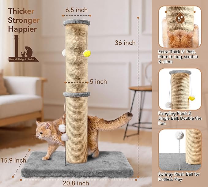 5-Inch Thick Sisal Cat Scratching Post, 36" Tall Cat Scratch Tower with Top Platform and Extra-Stable 20.8×15.9" Base, Durable Cat Scratcher for Indoor Cats, Gray
