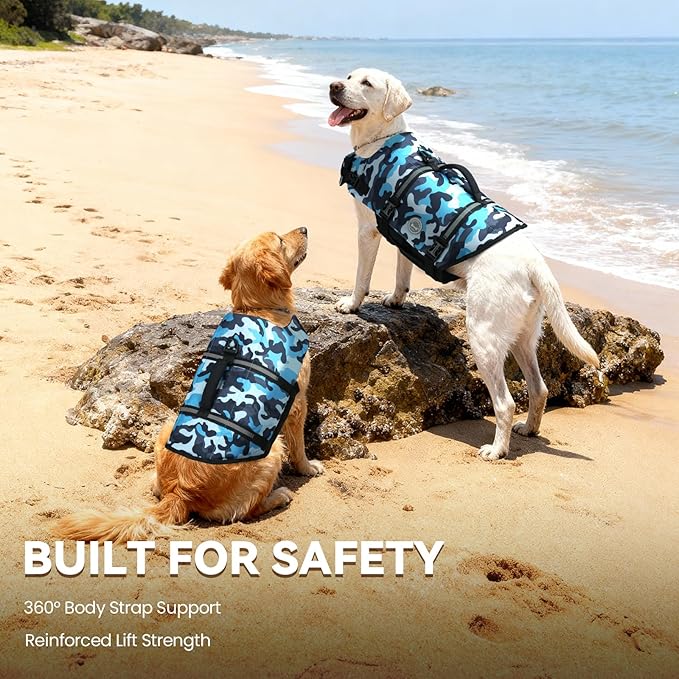 VIVAGLORY Rip Stop Dog Life Vest, Swimming Vest with Handle, Buoyancy for Doggy Puppy, Dog Life Jacket for Swimming & Boating, L, Camo Blue
