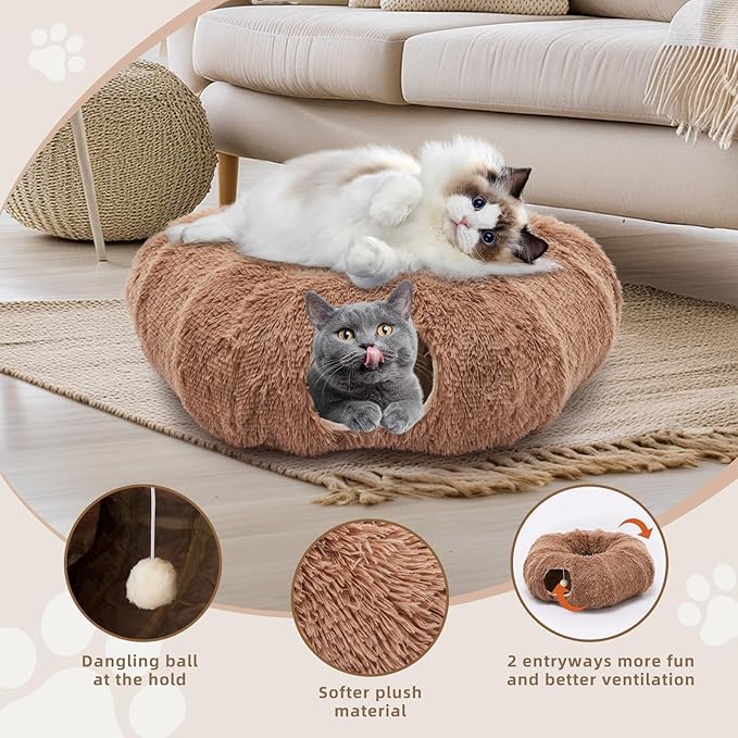 Cat Tunnels for Indoor Cats, Cute Donut Turnel Toys for Small Large Cats with Washable Circle Cushion，3-in-1 Foldable Playground & Cozy Cave Bed for, Kittens Puppy Rabbits