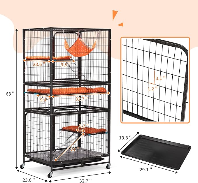 Cat Cages Indoor,4-Tier Ferret Cage, Large Wire Crates with Hammock, Cat Enclosure with 2 Ladders, Cat Kennel with Wheels for Kitten, Guinea Pig, Rabbit, Chinchilla, Black