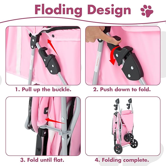 Sweetcrispy 3 Wheels Pet Stroller for Small Dogs and Cats – Foldable Dog Stroller with Mesh Windows, Storage Basket & Cup Holder, Lightweight & Durable Pet Carrier for Travel, Outdoor Use, Pink