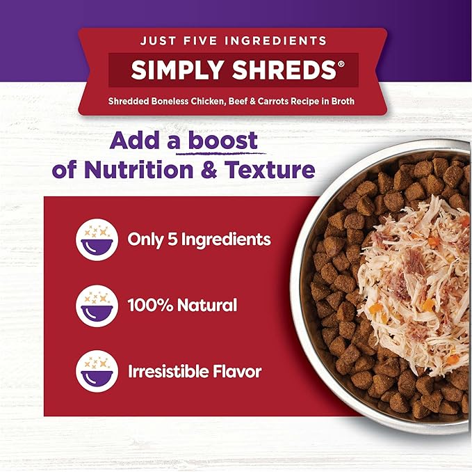 Wellness Bowl Boosters Simply Shreds Variety Pack Wet Dog Food Topper for Small, Medium, and Large Breeds, Grain Free, Natural, Chicken Recipes, 2.8 oz, Pack of 12 Pouches