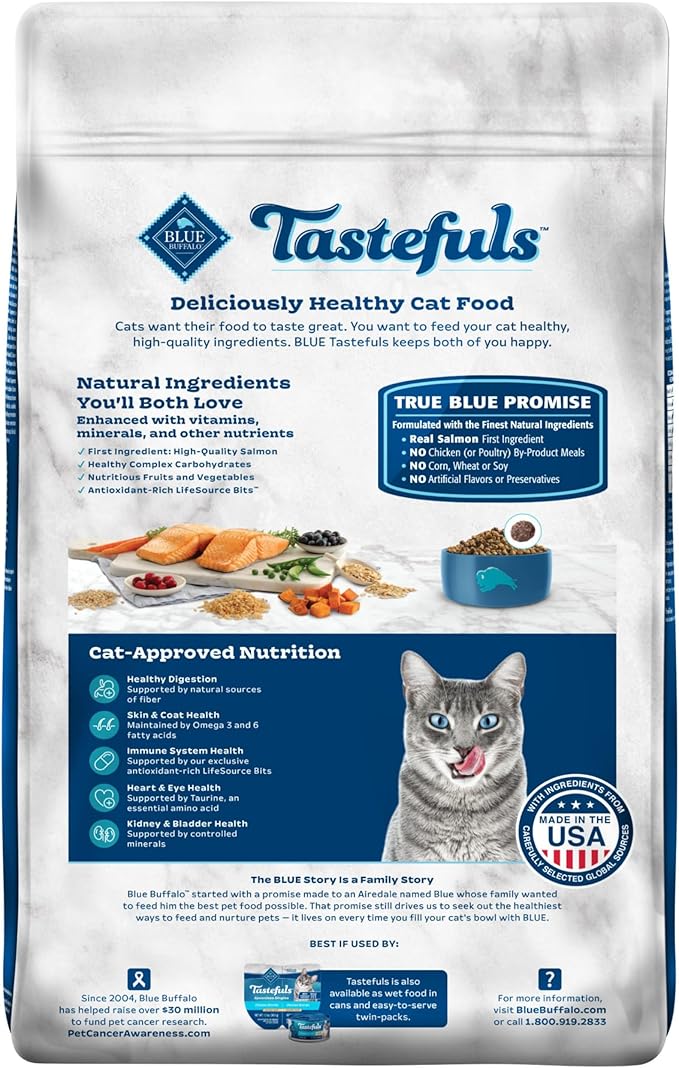 Blue Buffalo Tastefuls Natural Dry Food for Adult Indoor Cats, Salmon & Brown Rice Recipe, 15-lb. Bag