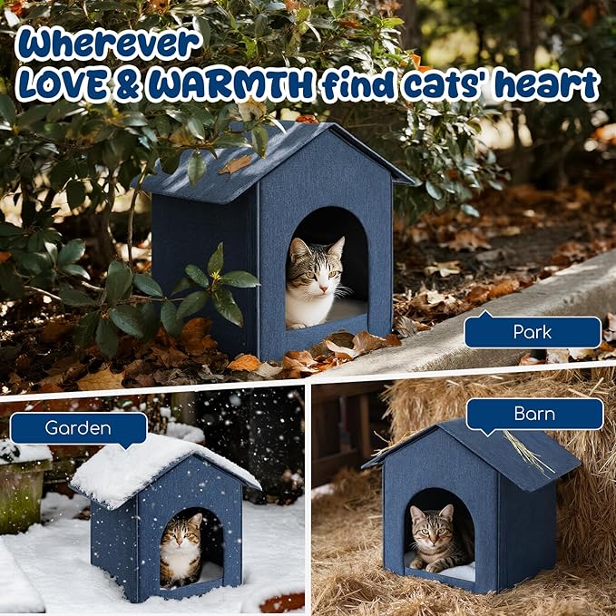 Outdoor Cat House Weatherproof, Insulated Cat Dog Houses for Outdoor/Indoor Cats for Winter, Waterproof Feral Stray Cat Shelter with Warm Cushion for All Seasons, Easy to Assemble, Navy Blue