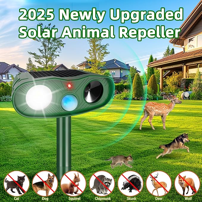 4Pack Ultrasonic Cat Repellent Outdoor Deer Repellent Devices,Solar Animal Repeller Motion Detection Rabbit Raccoon Squirrel Dog Squirrel Repellent Deterrent with LED Flash Lights for Yard