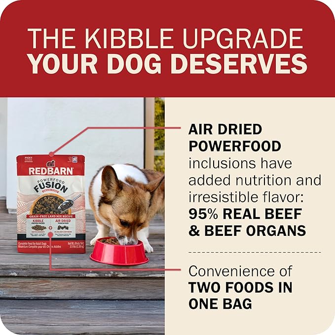 Redbarn Powerfood Fusion Air Dried Kibble Blend – Grain Free Land Beef Lamb Recipe – Made in USA Adult Dry Dog Food with Superfoods, Prebiotics, Postbiotics - 3.5lb Bag
