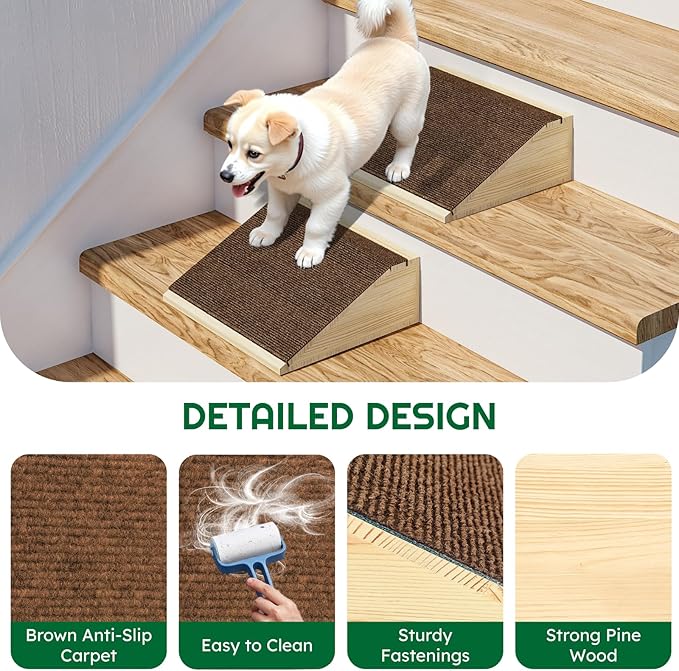 4 Pack Dog Ramp for Stairs with Anti-Slip Brown Carpet, Lightweight Wooden Pet Ramp Suitable for Small & Medium Dogs, Portable Dog Stairs to Assist Elderly and Injured Pets