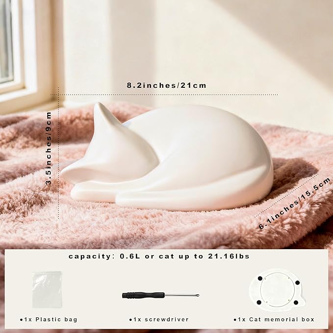 Sleeping Cat Urn for Ashes with Paw Print Kit, Capacity 0.5L, Carefully Handmade Resin Pet Urns for Cats, Thoughtful Pet Loss Gifts and Cat Memorial for Ashes Keepsake (White)