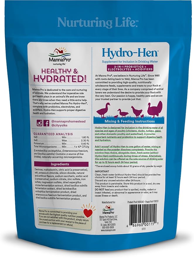 Manna Pro Hydro-Hen Poultry Electrolyte & Probiotic Supplement, Hydration Support for Chickens, Ducks, Turkeys & Waterfowl, 20 oz