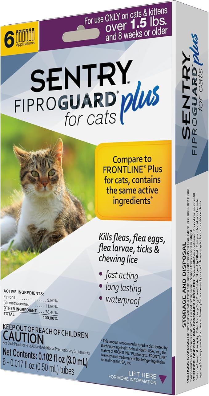 Sentry Fiproguard for Cats, Flea and Tick Prevention for Cats (1.5 Pounds and Over), Includes 6 Month Supply of Topical Flea Treatments