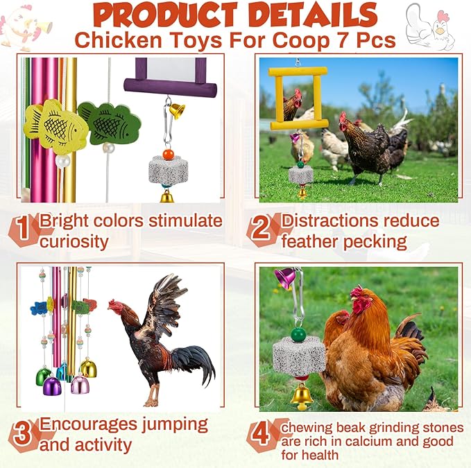 7 Pcs Chicken Toys, Hanging Chicken Wind Chime, 2 Pcs Coop Mirror Toys with Bells 4 Pack Beak Grinding Stones, Musical Coop Accessories for Hen Rooster Chick Poultry Birds(Yellow, Purple)