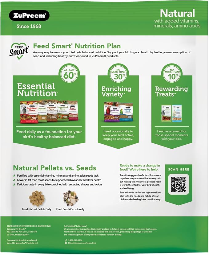 ZuPreem Natural Bird Food, Bird Feed Pellets for Parrot, Conure, Caique, African Grey, Eclectus, Small Cockatoo, ZuPreem Core Nutrition, Made in USA, Added Vitamins, Parrot Food, (M/L, 10 lb Bag)