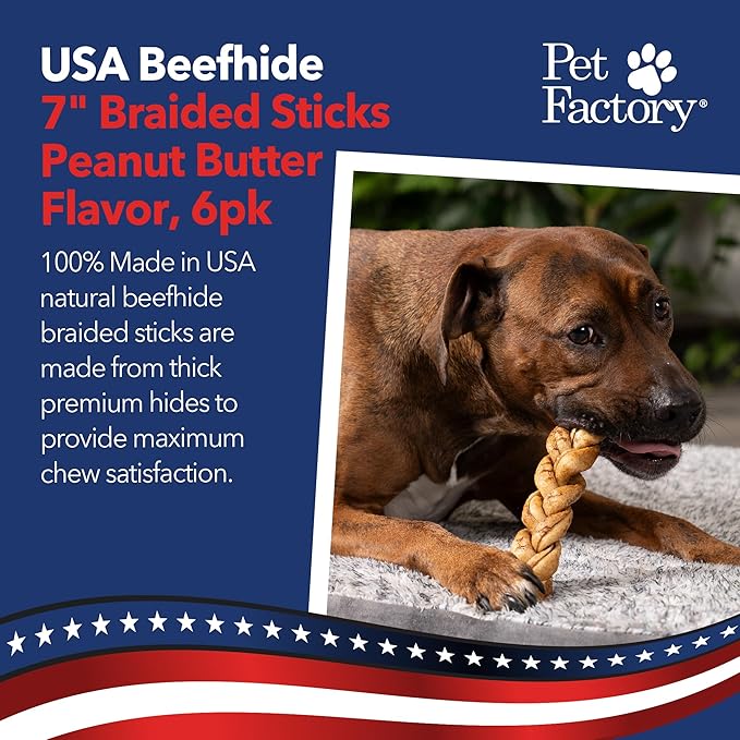 Pet Factory 7in Braided Beefhide Dog Chew Sticks with Peanut Butter Flavor - 100% USA Made Rawhide Chews for Medium Dogs, Long Lasting Dental Health, 7 inches (), 6 Count (Pack of 2)