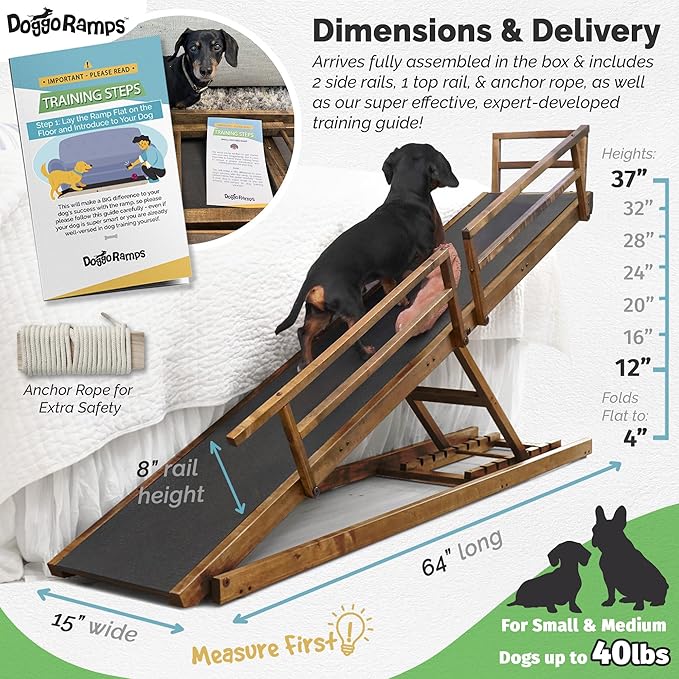 DoggoRamps Bed Ramp for Small Dogs - Solid Hardwood - Adjustable up to 37" Tall Beds with Safety Rails & Anti-Slip Grip - Made in North America Walnut