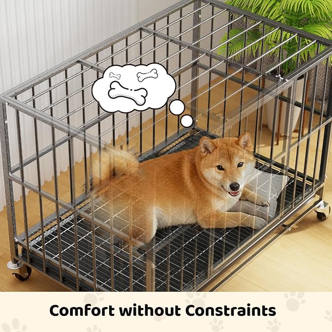 42 Inch Heavy Duty Dog Crate, Indestructible Escape-Proof Dog Kennel for High Anxiety Large Dogs, Strong Metal Pet Cage with Double Doors, Lockable Wheels & Removable Tray, XL XXL XXXL