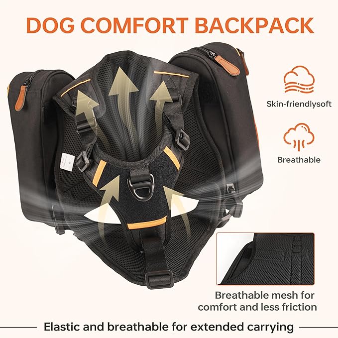 Dog Backpack for Medium & Large Dogs, Detachable Side Bags, Quick-Poop Bag Dispenser | No-Pull Adjustable Harness for Large-Chested Breeds | Non-Slip Handle for Hiking, Walking, Outdoor Adventures（M）