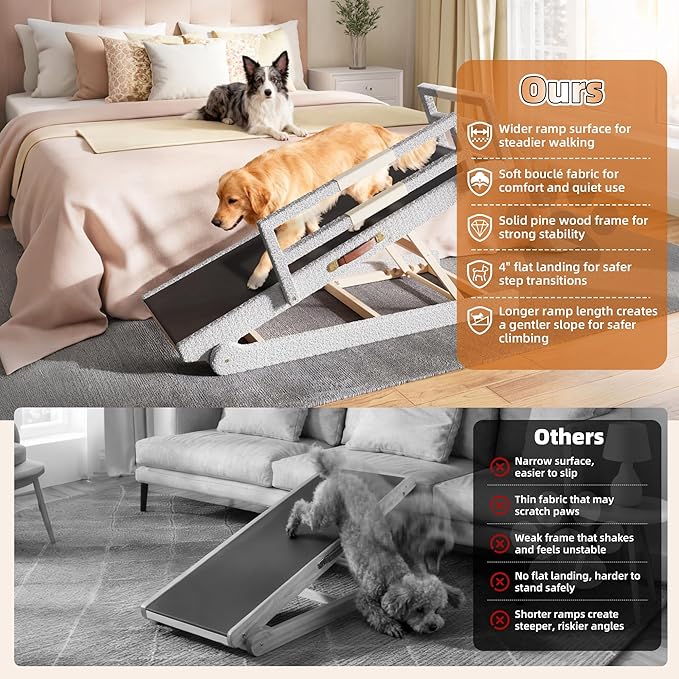 Dog Ramp for High Bed – 55" Extra-Long Wooden Pet Ramp with Soft Plush Fabric Cover & Safety Rails 16”–28”Adjustable Height for Tall Beds, Non-Slip Wide 17.7" Surface – Supports Large Dogs up