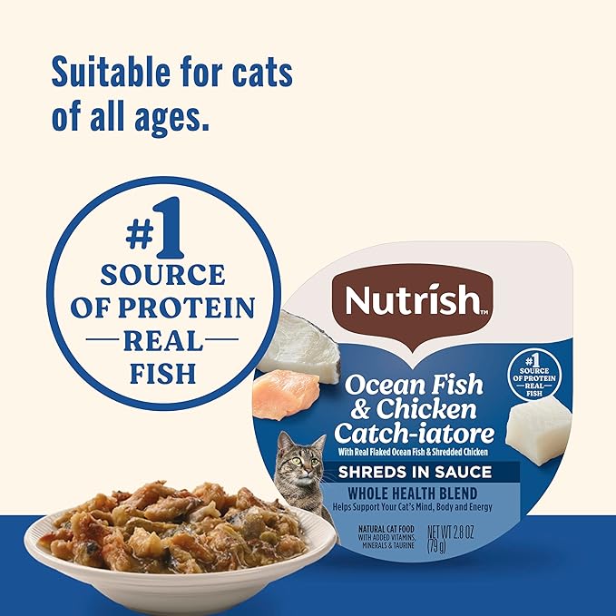Nutrish Grain Free Wet Cat Food Ocean Fish & Chicken Catch-iatore Whole Health Blend with Real Flaked Ocean Fish & Shredded Chicken in Sauce, 2.8 oz. Cup (Rachael Ray) (Pack of 24)