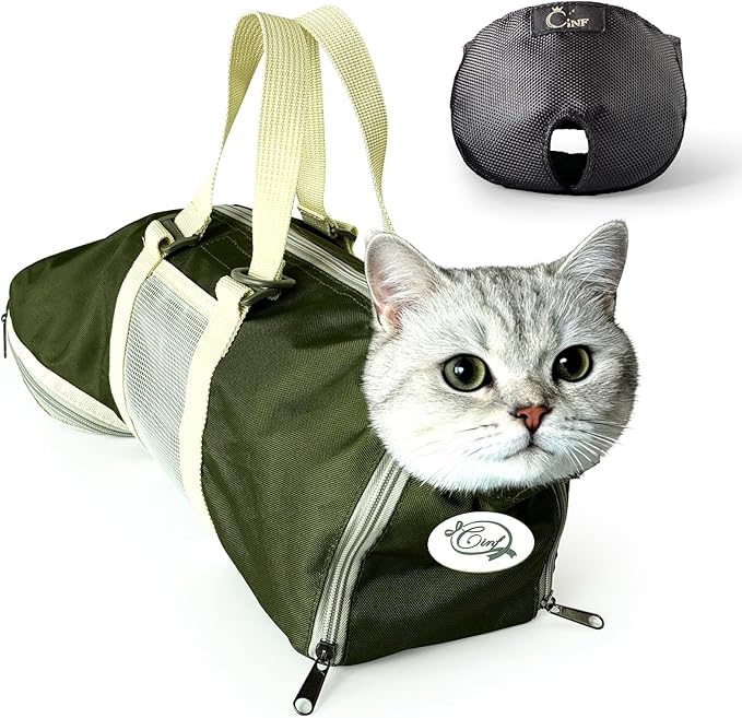 Cinf Cat Nail Clipping Cleaning Grooming Restraint Bag （Free Muzzle） No Scratching Biting for Bathing Nail Trimming Injecting Examining((Moss Green,M)