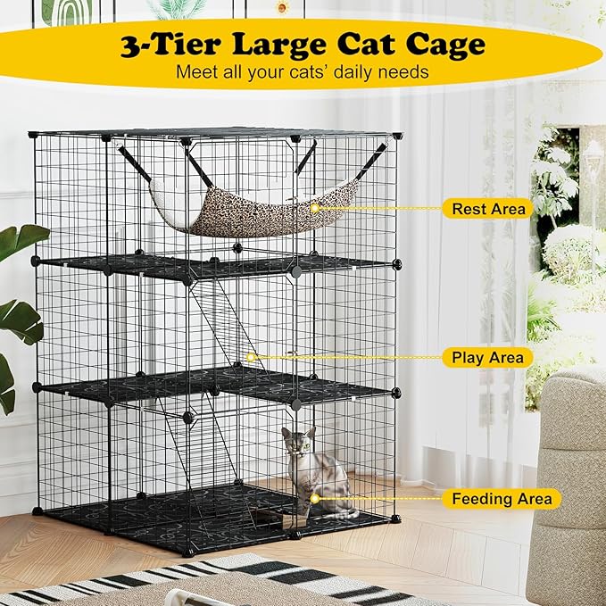 PETSITE 3-Tier Cat Cages Indoor, Metal Wire Cat Enclosure with Extra Large Hammock, 2 Ladders, and 4 Lockable Doors, Detachable Indoor Cat Catio Kennel for 1-3 Cats Kitten, Anti-toppling Kits Included