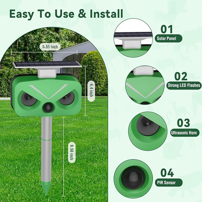 Solar Ultrasonic Animal Repellent, Waterproof Cat Deterrent Outdoor with LED Flashing Repel for Cats, Dogs, Deer, Rabbits, Squirrels, Skunks, Raccoons, etc.