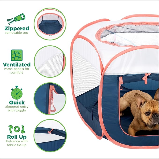 Furhaven Portable Dog Playpen Cat Tent, Pet Playground,Kennel Foldable Indoor Outdoor Zippered Puppy Crate - Navy, Medium