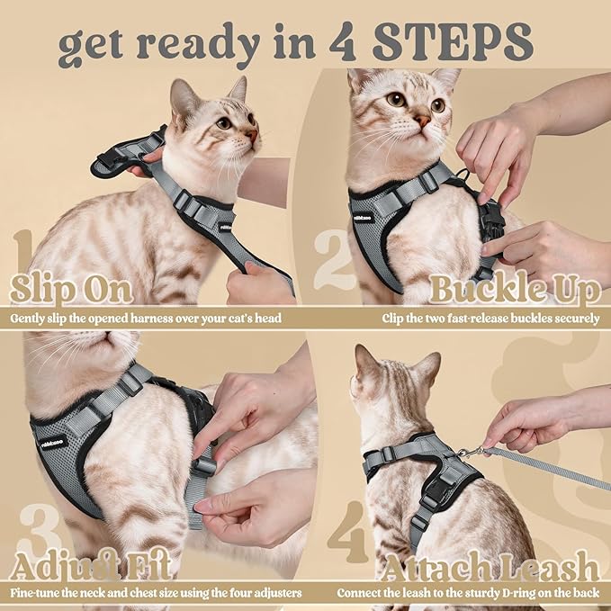 rabbitgoo Cat Harness and Leash for Walking, Escape Proof Soft Adjustable Vest Harnesses for Cats, Easy Control Breathable Reflective Strips Jacket, Grey, XXS