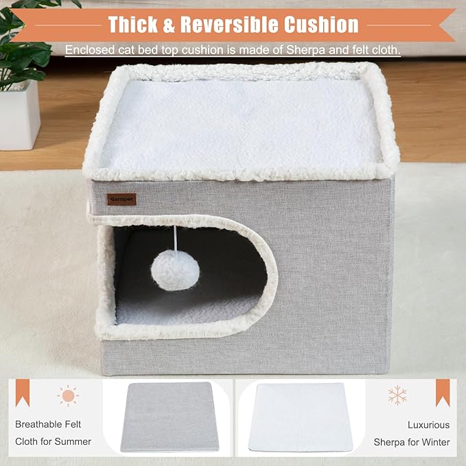 Cat Bed for Indoor Cats Cube House, Covered Cat Cave Beds & Furniture with Scratch Pad and Hideaway Tent, Cute Modern Cat Condo for Multi Small Pet Large Kitten Kitty, Grey