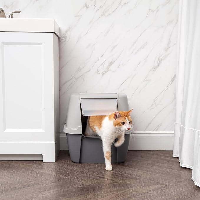 IRIS USA Large Cat Litter Box with Front Door Flap, Covered Enclosed Litter Box Enclosure with Scoop, Handle & Buckles for Portability & Privacy, Hidden Litter Pan, Gray