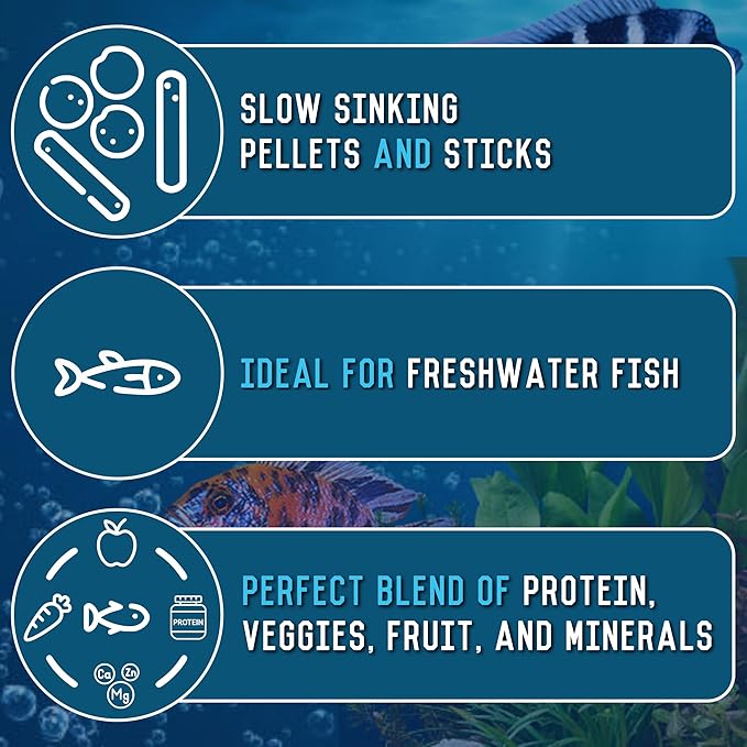 RON'S CICHLIDS Adult African Cichlid Fish Food Pellets – USA Made Slow Sinking Cichlid Pellets & Sticks Feed, Low Fillers, Ideal for Cichlid Food, Koi, Goldfish, Pleco, Oscar & Tropical Fish, 12 OZ