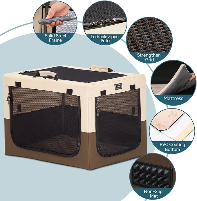 PETSFIT Portable Dog Crate for Medium Dogs, – 30" Soft Dog Travel Crates with Lockable Zippers & Thicken Mat, Adjustable Patented Spiral Steel Frame, Collapsible Kennel for Indoor & Outdoor