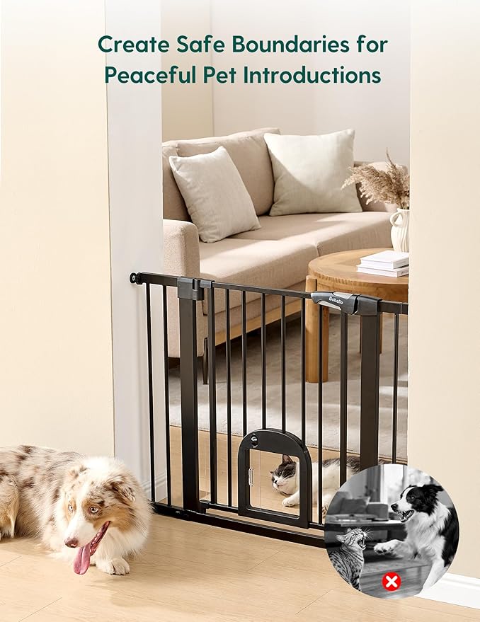Babelio Upgraded Baby Gate with Cat Door, 29-43" Auto Close Durable Dog Gate for Stairs, Doorways and House, Easy Walk Thru Safety Gate with Pet Door Includes 4 Wall Cups, Black