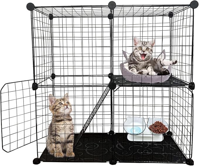 DIY Cat Cage,Pet Playpen Indoor, Detachable Metal Wire Small Animal Cages, 2-Tier Crate Large Exercise Place, Kitten Enclosures with 2 Door, 29.5 x 15.3 x 28.7 Inch, Black