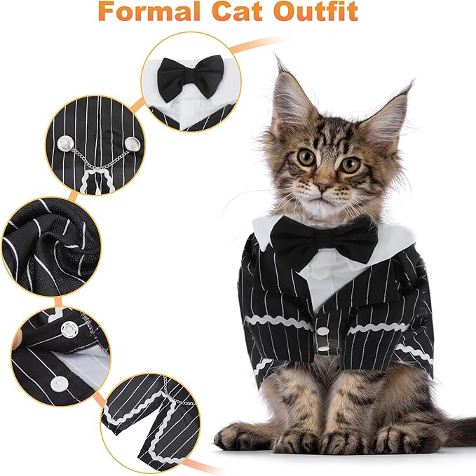 Cat Apparel, Stylish Tuxedo Outfit for Kitty with Tie, Black Stripes Pet Outfits for Wedding, Birthday, Party, Medium