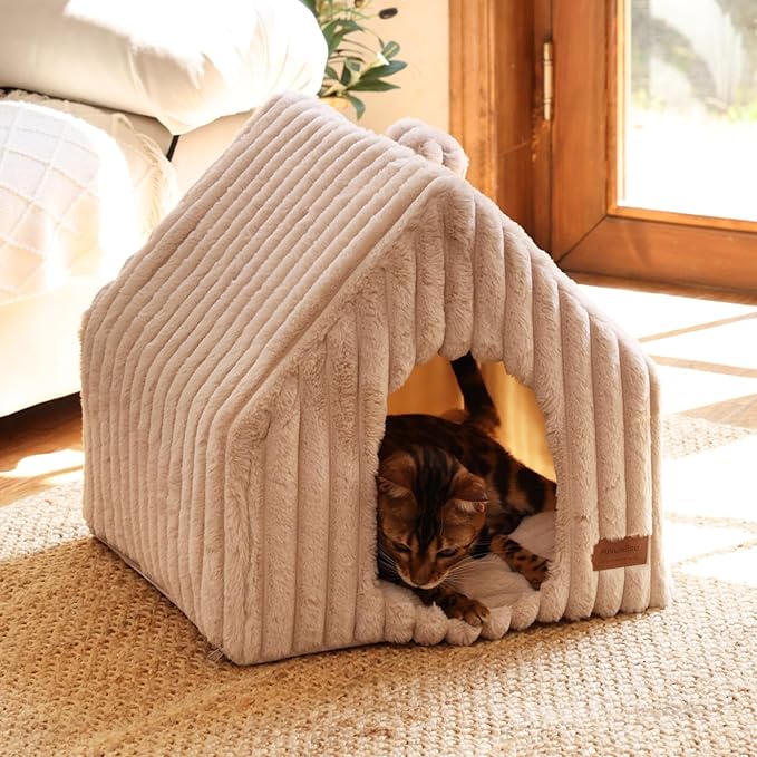 FUKUMARU Cat Houses for Indoor Cats, Washable Cute Cat Bed Cave with Removable Pillow, Large Semi-Enclosed Cozy Dog House Indoor, Soft Faux Rabbit Fur Kitten Bed, 17.5-Inch Cat Hideaway, Pink Grey