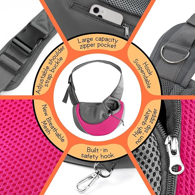 YUDODO Pet Sling Carrier for 5-9 lbs Small Dogs & Cats – Hands-Free Puppy Carrier with Safety Hook, Large Zipper Pocket, Soft Breathable Mesh, Adjustable Strap & Reflective Strip (Pink 1.0 M)