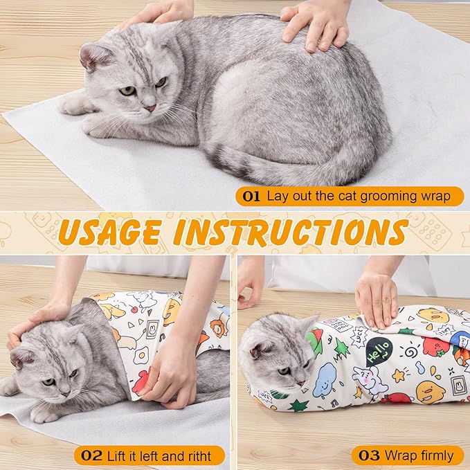 21.7 In Cat Wrap for Cutting Nails, Self-Adhesive Cat Grooming Wrap Anti-Escape Cat Restraint for Nail Clipping Cat Swaddle Wrap Cat Wrapping Cloth for Pet Cleaning and Beauty (Within 6.6 lbs)