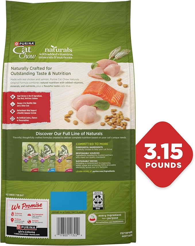 Purina Cat Chow Naturals With Added Vitamins, Minerals and Nutrients Dry Cat Food, Naturals Original - (Pack of 4) 3.15 lb. Bags