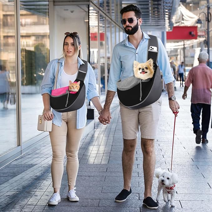 Pawaboo Dog Sling Carrier, Hand Free Breathable Mesh Bag for Puppy Cat, Drawstring Dog Papoose with Adjustable Strap and Pocket, Crossbody Satchel Dogs Purse for Outdoor Travel, M, Magenta