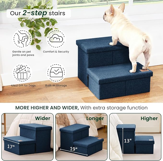 Love's cabin Dog Stairs with Storage 13" H, Foldable Pet Stairs for Small Medium or Large Dogs, Cat Puppy Steps Ramp with Zip up to 150 lbs, Navy Blue, 2 Steps