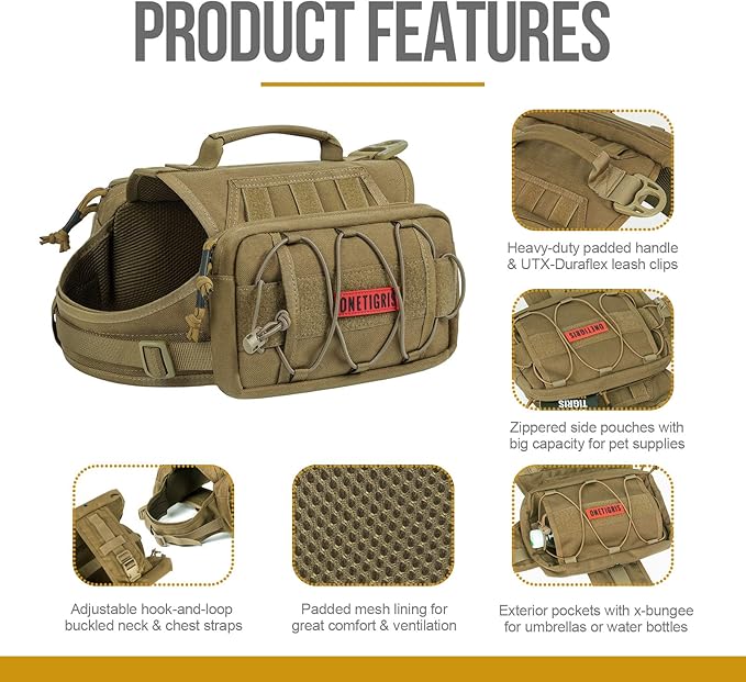 ONETIGRIS Dog Backpack for Medium & Large Dogs, Nylon Backpack for Dogs Tactical Pet Backpack with Side Pockets for Hiking Walking Training Running (Brown, Medium)