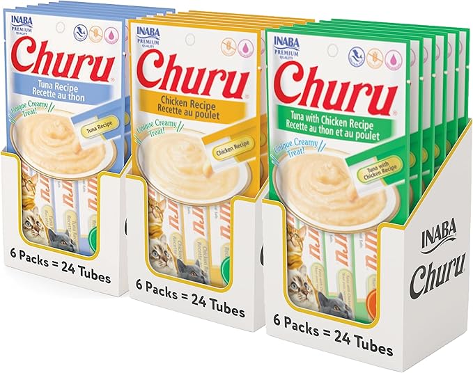 Churu Lickable Creamy Purée Cat Treats 3 Flavor Tuna and Chicken Variety Pack, 4 Count Pack of 18 (72 Tubes Total)
