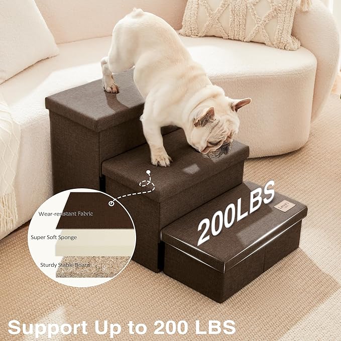 Love's cabin Dog Stairs for High Bed 18" H, Foldable Pet Stairs for Small Medium or Large Dogs Puppy with Storage for Bed or Couch, Cat Dog Steps Ramp with Zip up to 200 lbs, Coffee, 3 Steps