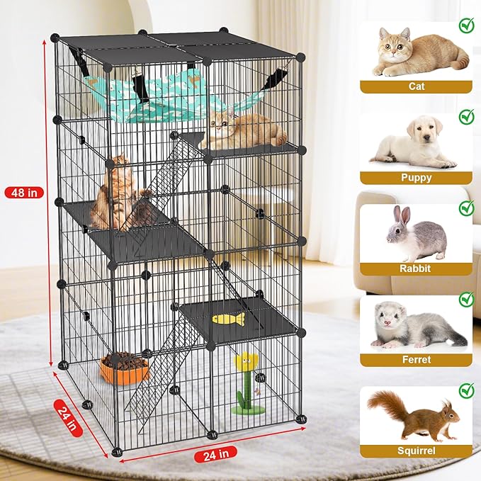 Cat Cage, 4-Tier DIY Cat Enclosures Catio, Cat Playpen Indoor & Outdoor with Hammock, Detachable Metal Wire Kennel Cats Crate, 2x2x4 Exercise Place for 1-3 Cats/Kitten