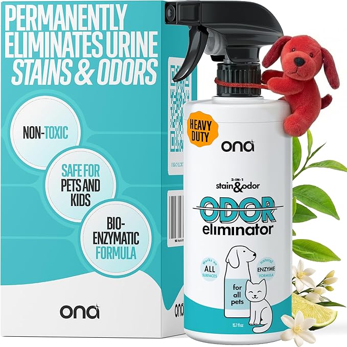 ONA Pet Stain & Odor Eliminator Enzyme Cleaner Spray - Dog & Cat Urine Remover & Deodorizer for Home, Carpet, Furniture & Hardwood Floor - Professional Strength Pet Urine Stain Remover (16oz)