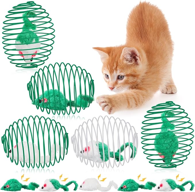 Jecery 5 Pcs Cat Spring Balls Toys Stretchable Rolling Balls Colorful Playful Coils Interactive Action Toy Caged Rats for Kitten Pet Supplies (Mouse,Green)