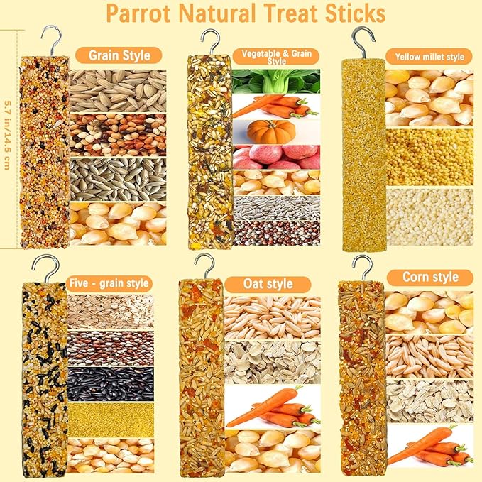 6PCS Parakeet Treats,Parrot Grains Mixed Treat Sticks,Vegetable & Grain Style Sticks,Bird Treats for Cockatiel Budgies Lovebirds Canary Conure Finches