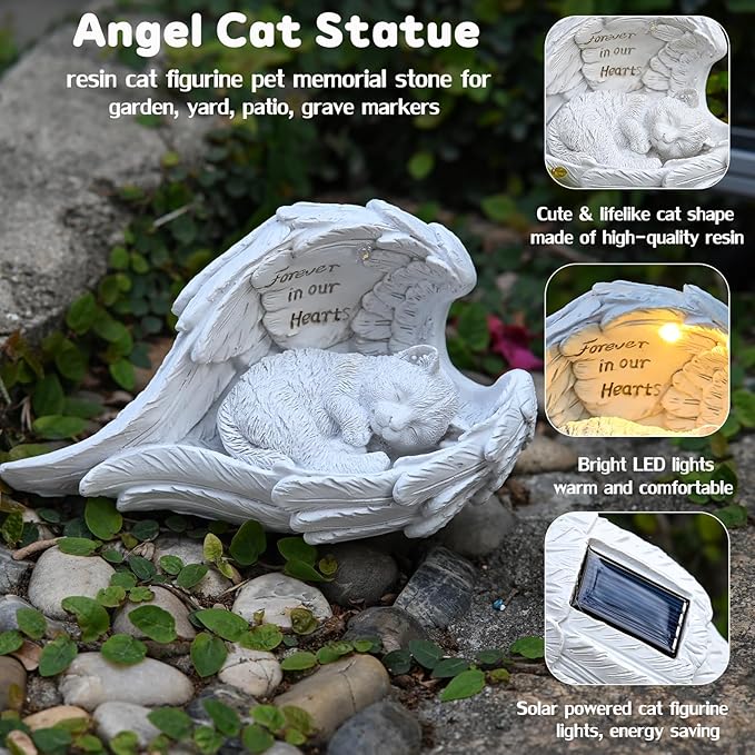 VEEKI Cat Memorial Gifts for Loss of Cat, Peaceful Sleeping Solar Angel Cat Statue Outdoor Waterproof, Resin Cat Figurine Pet Memorial Stone for Garden Grave Markers, Loss of Pet Sympathy Gift (Cat)