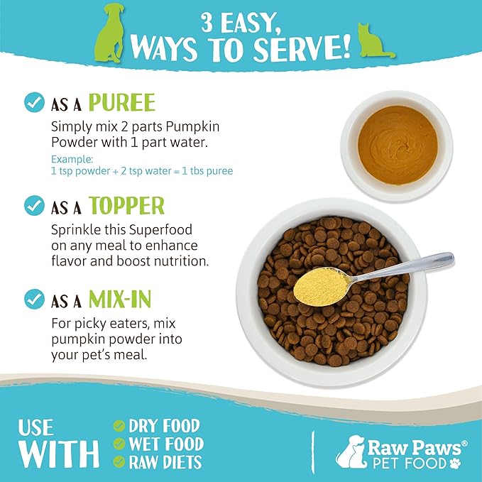 Raw Paws Organic Pumpkin Powder for Dogs & Cats (8-Ounce) - Made in USA - Diarrhea & Constipation Relief - Anti Scoot Powdered Pumpkin for Dog - Fiber for Dogs - Dried Food Topper